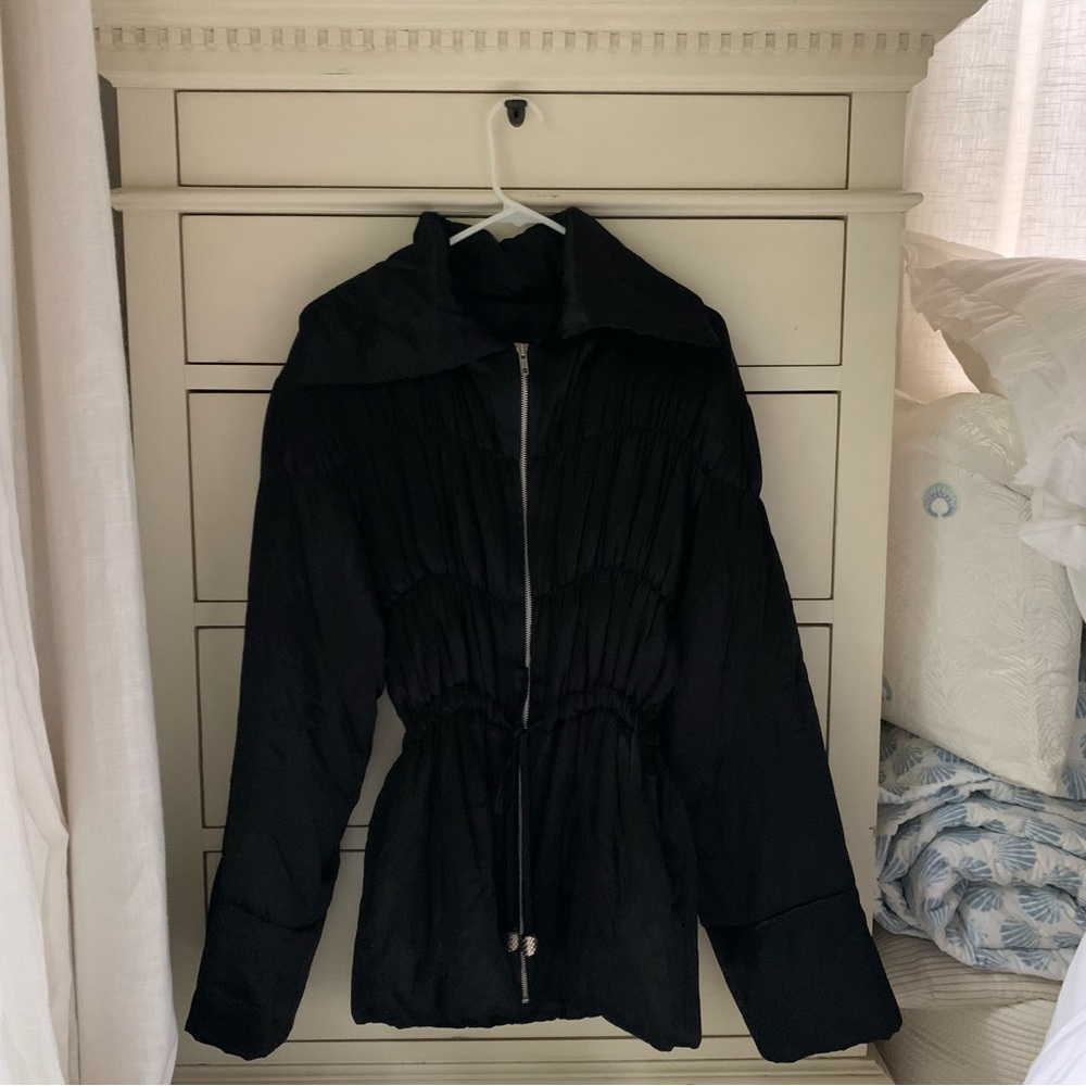 Sharagano Paris Black Puffer Coat Cinched Waist Wool Cashmere - Picture 3 of 8